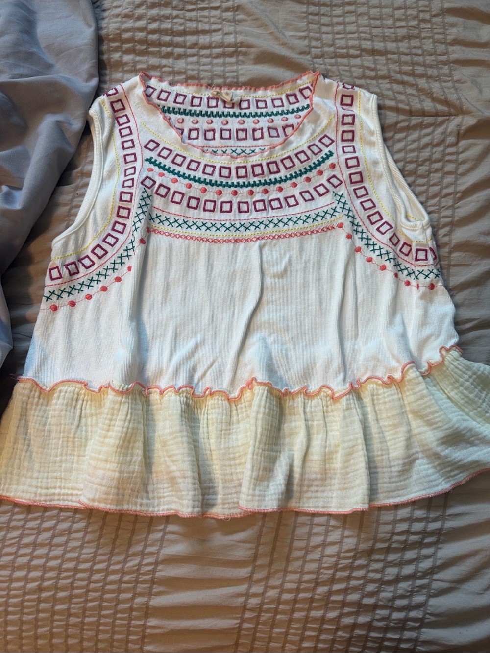 POL White Tank Top with Multicolor Embroidery and Yellow Ruffle